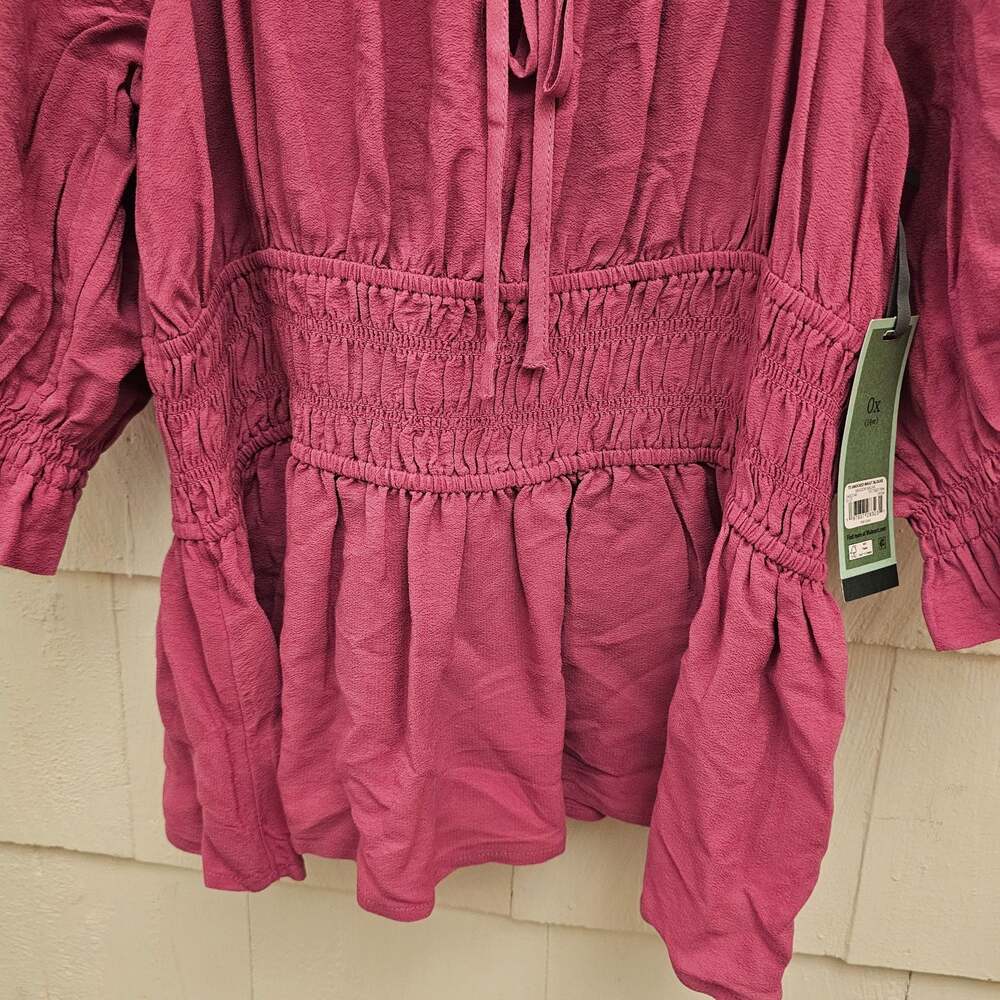 Terra & Sky Women's 0X 14W Pink Smocked Peplum Blouse Puff Sleeve Boho NWT - Picture 6 of 10